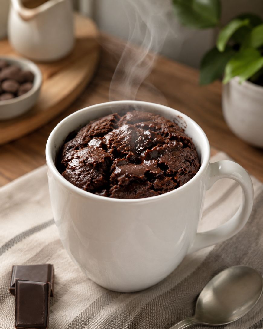 A steaming chocolate mug cake sits in a white mug on a striped cloth, with a spoon and chocolate pieces nearby. A blurred background features a wooden tray, a bowl with chocolate, and a green plant.