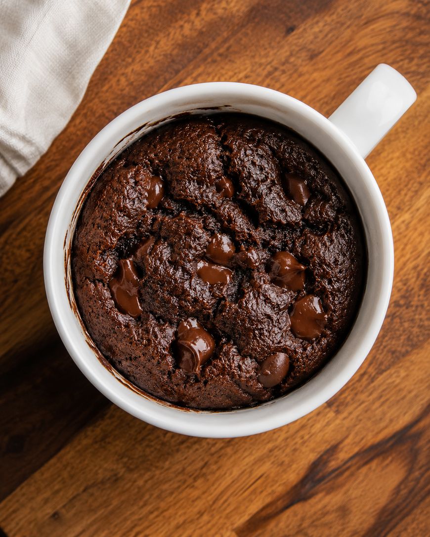 A chocolate mug cake with melted chocolate chips sits in a white mug on a wooden surface, with part of a white cloth visible in the corner.