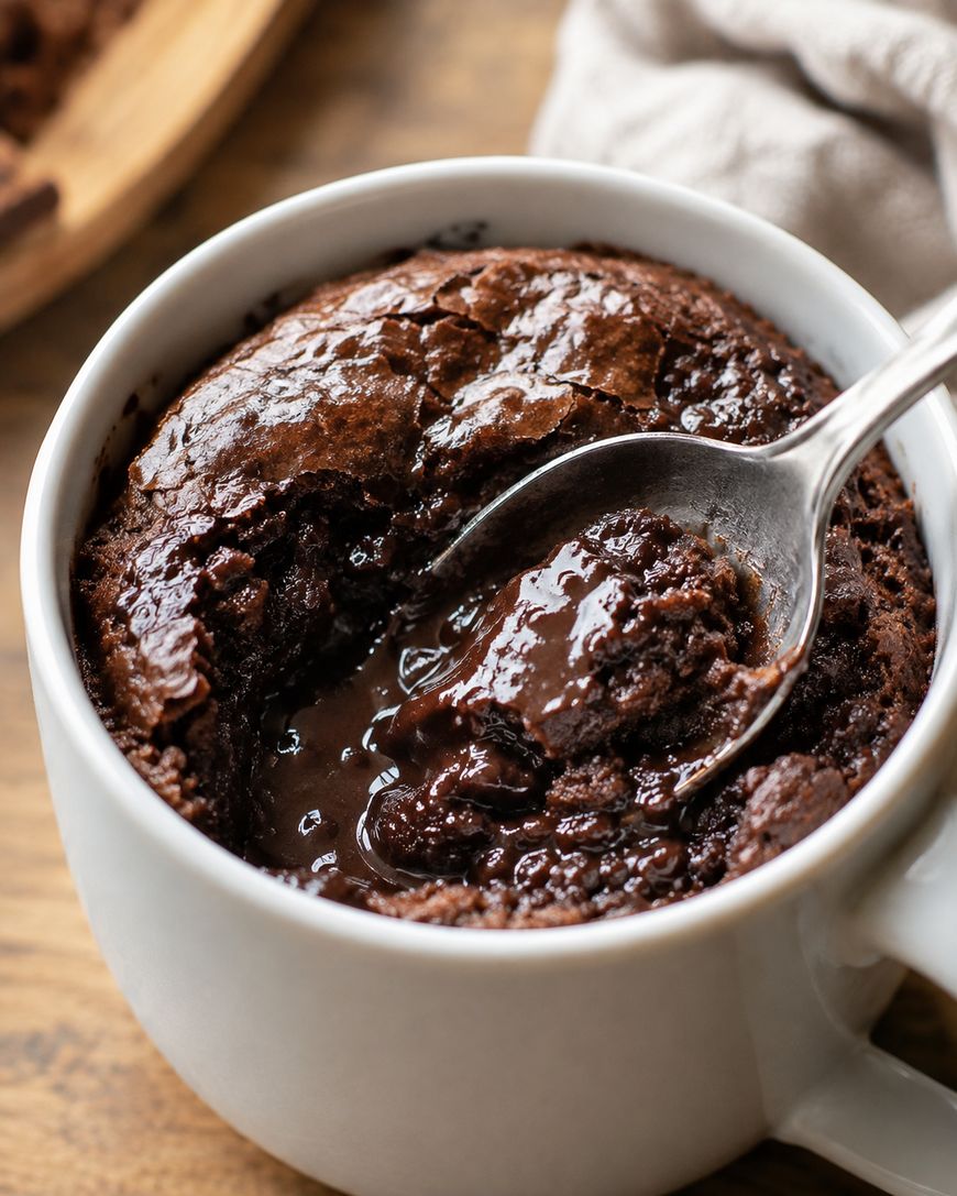 A spoon scoops into a rich, gooey chocolate mug cake in a white cup, showing a melted, fudgy center. The mug sits on a wooden surface with a beige fabric nearby.