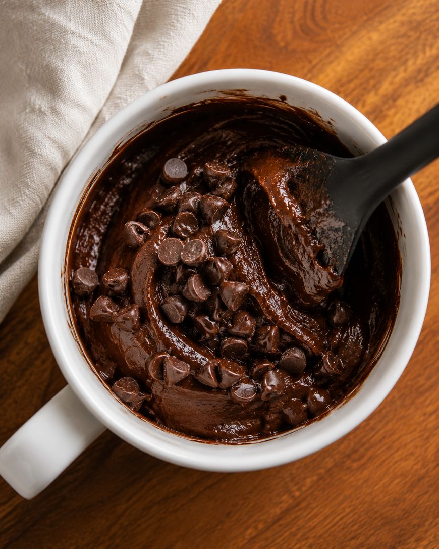 A white mug filled with rich chocolate cake batter and chocolate chips, being mixed with a black spatula, sits on a wooden surface next to a beige cloth.