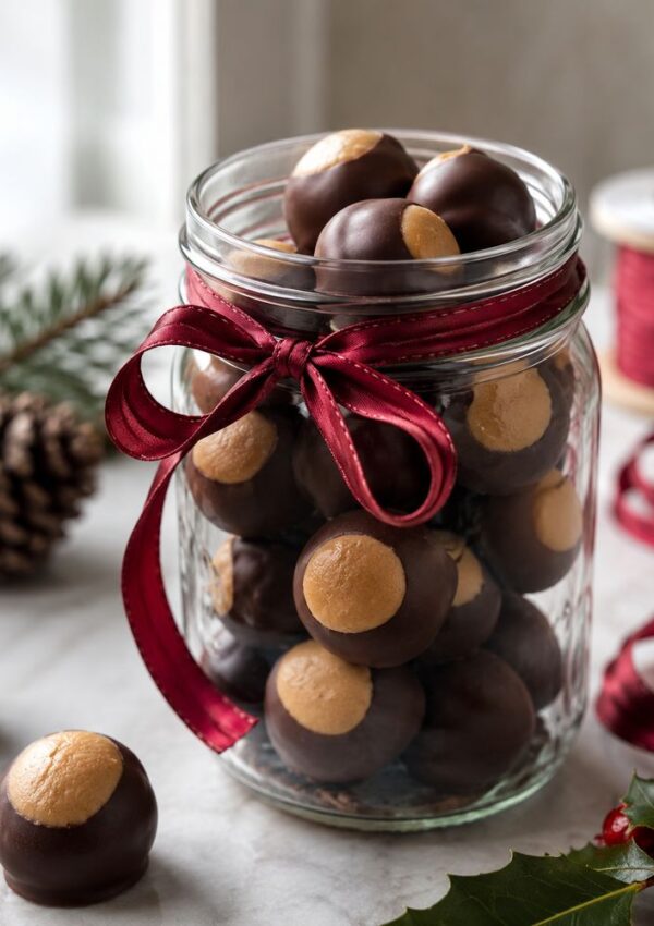 A glass jar filled with chocolate-dipped peanut butter buckeyes, tied with a red ribbon, sits on a marble surface near a pinecone, greenery, and red ribbon spool.