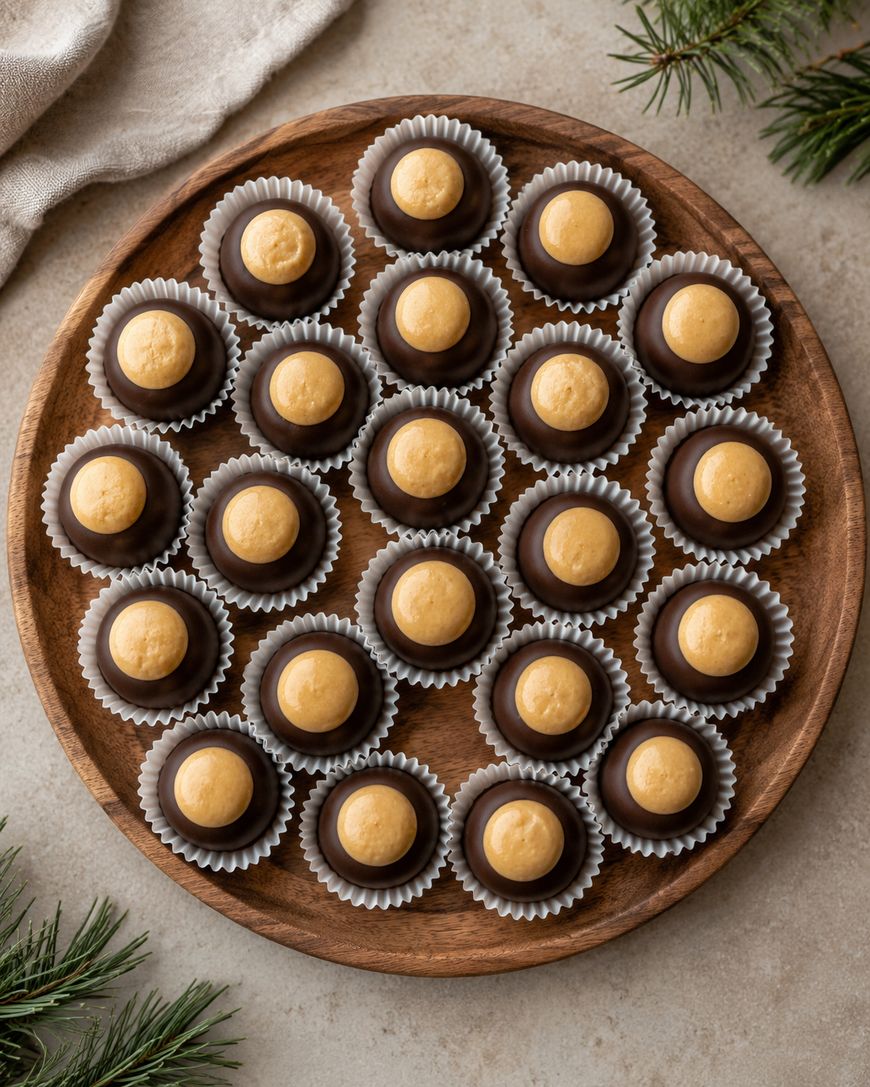 A round wooden plate with neatly arranged buckeye candies—chocolate-coated peanut butter balls—each set in a white paper cup, with pine branches and a light cloth nearby.