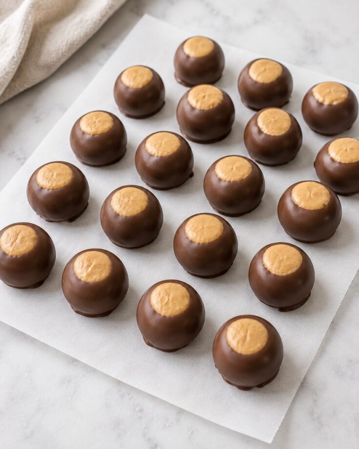 Rows of round chocolate candies with peanut butter centers exposed on top, arranged neatly on white parchment paper over a marble surface.