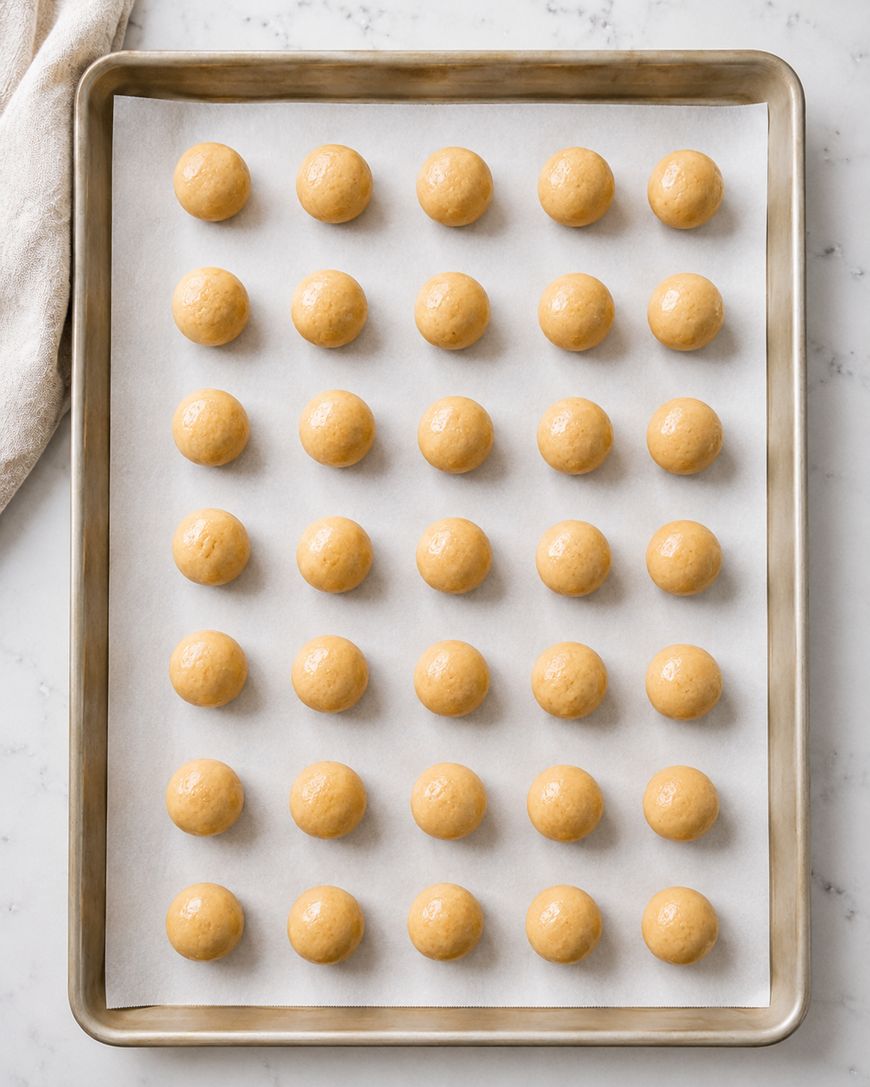 A baking sheet lined with parchment paper holds five rows of evenly spaced, round cookie dough balls, ready to be baked. The tray is on a marble surface with a towel partially visible in the corner.
