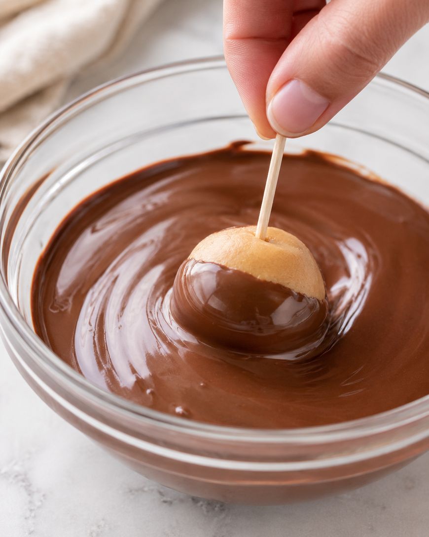 A hand dips a round treat on a toothpick into a bowl of melted chocolate, coating it halfway.