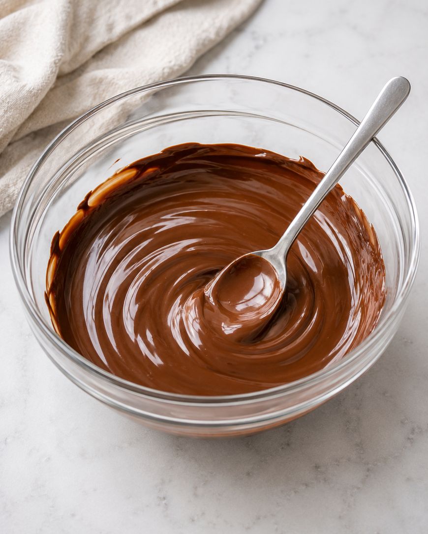A glass bowl filled with melted chocolate is being stirred with a metal spoon on a marble countertop. A beige cloth is partially visible in the background.