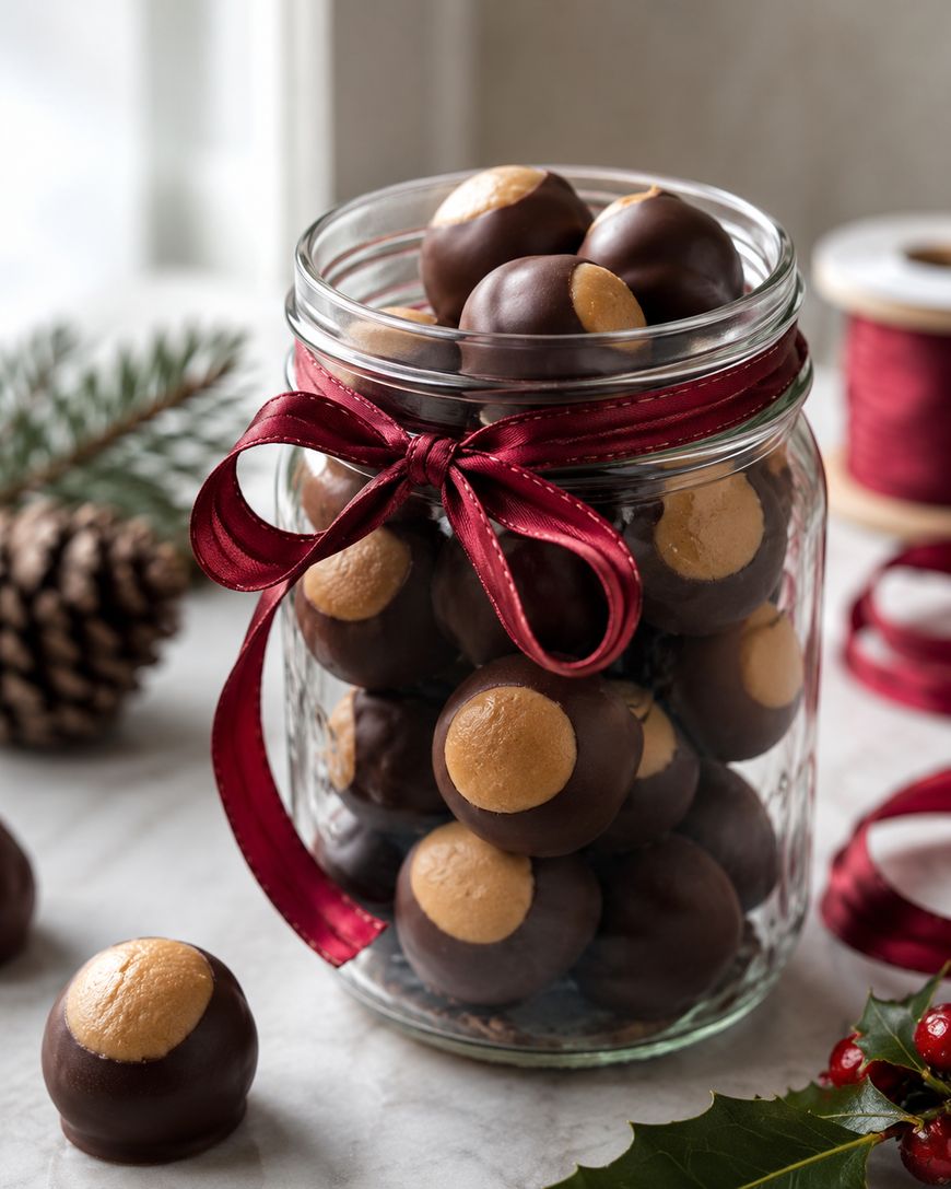 A glass jar filled with chocolate-dipped peanut butter buckeye candies, tied with a red ribbon. Pinecones, ribbon spools, and holly leaves sit nearby on a light surface.