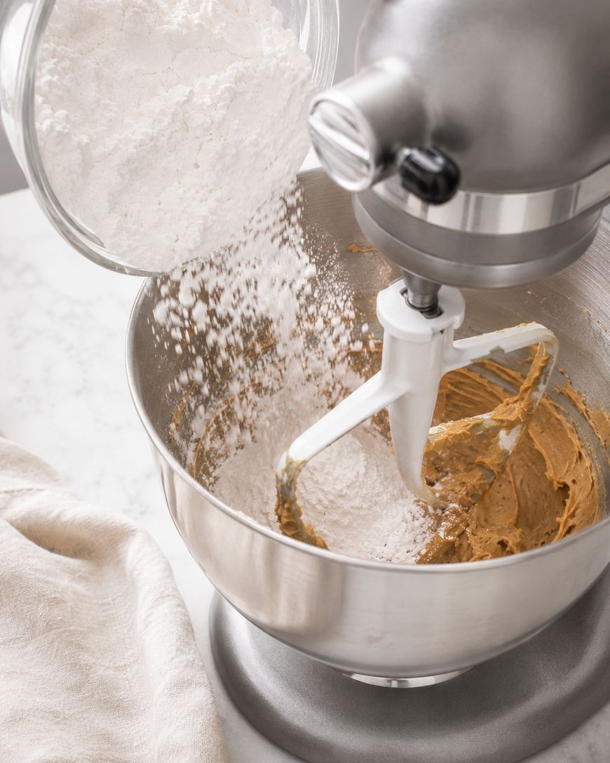 Flour is being poured from a glass bowl into a stand mixer with cookie dough batter inside, on a white countertop with a beige cloth nearby.