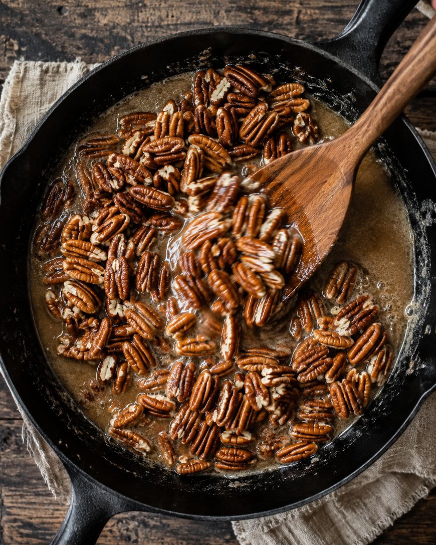 A wooden spoon stirs pecans in a cast iron skillet with a bubbling brown sugar mixture on a rustic wooden surface.