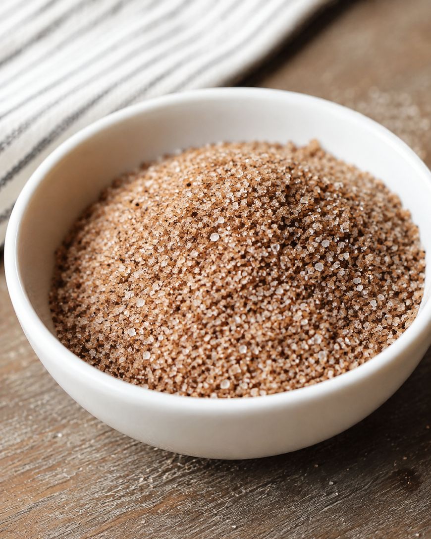 A white bowl filled with coarse brown cinnamon sugar sits on a wooden surface, with a striped cloth partially visible in the background.