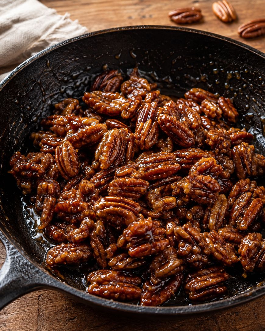A close-up of glazed pecans coated in a shiny, caramelized sauce, sitting in a black cast iron skillet on a wooden surface.