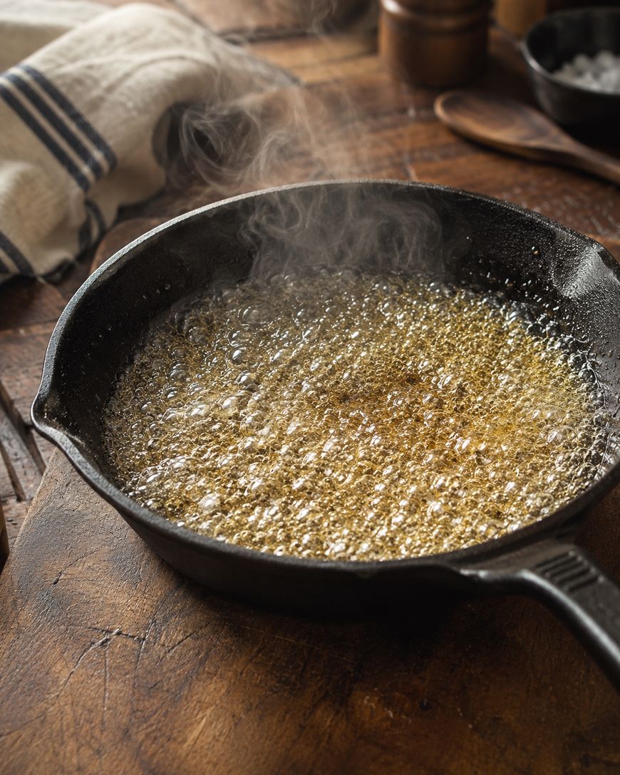 A black cast iron skillet with sizzling brown butter sits on a wooden surface, steam rising from the pan. A striped kitchen towel and utensils are visible in the background.