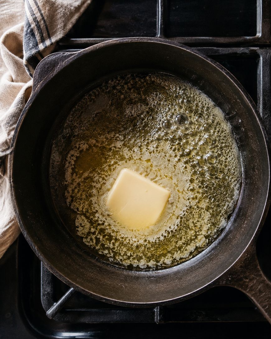 A pat of butter melting in a black cast iron skillet on a stovetop, with a beige cloth draped nearby.