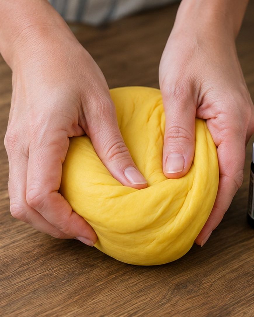 Two hands knead a round ball of yellow dough on a wooden surface
