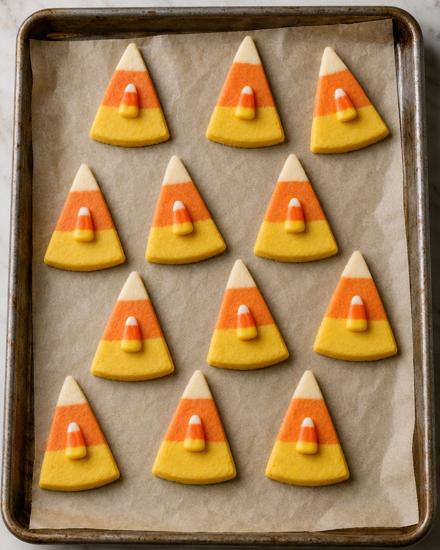 A baking tray with twelve triangular cookies decorated to look like candy corn, each topped with a piece of candy corn, neatly arranged in rows on parchment paper.