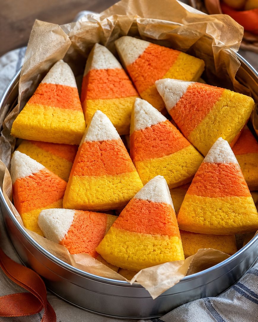 A tin filled with triangle-shaped cookies decorated in yellow, orange, and white stripes