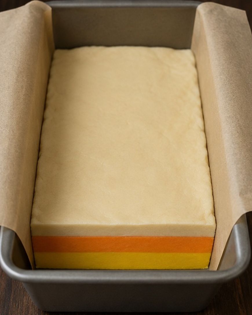 A rectangular pan lined with parchment paper holds layered dough in cream, orange, and yellow colors