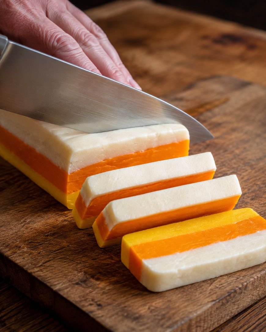 A hand slices a block of layered dough with a knife on a wooden cutting board
