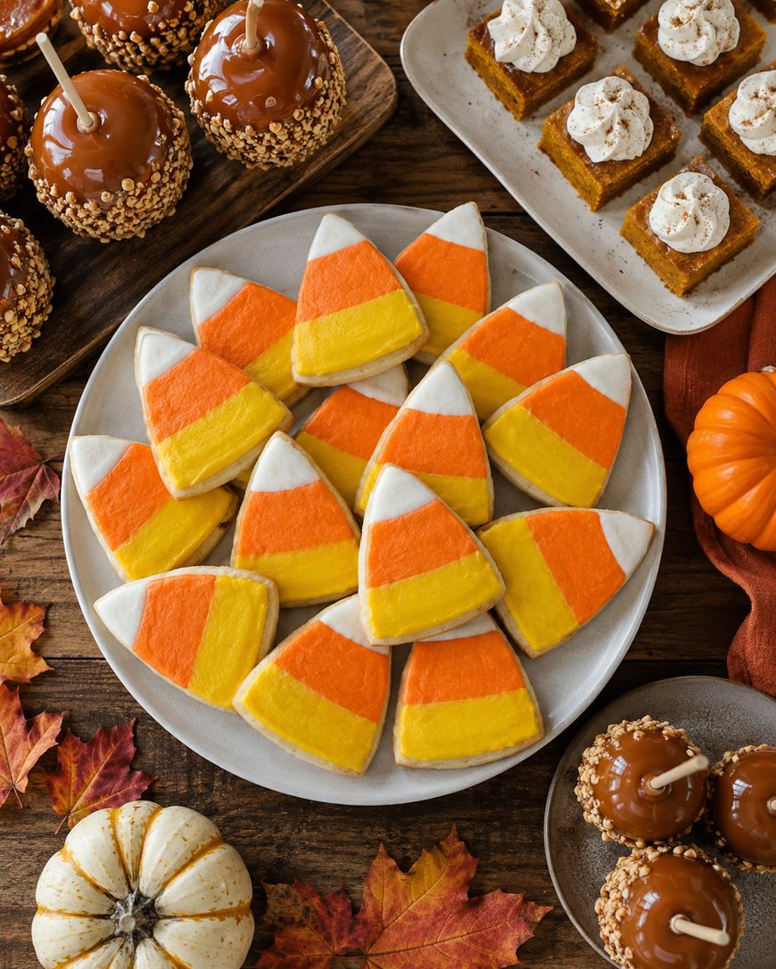 A plate of candy corn cookies sits on a wooden table with caramel apples, pumpkin bars, mini pumpkins