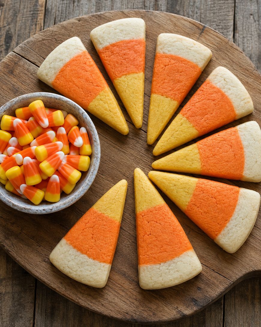 Candy corn-shaped cookies arranged in a circle on a wooden board, with a small bowl of candy corn