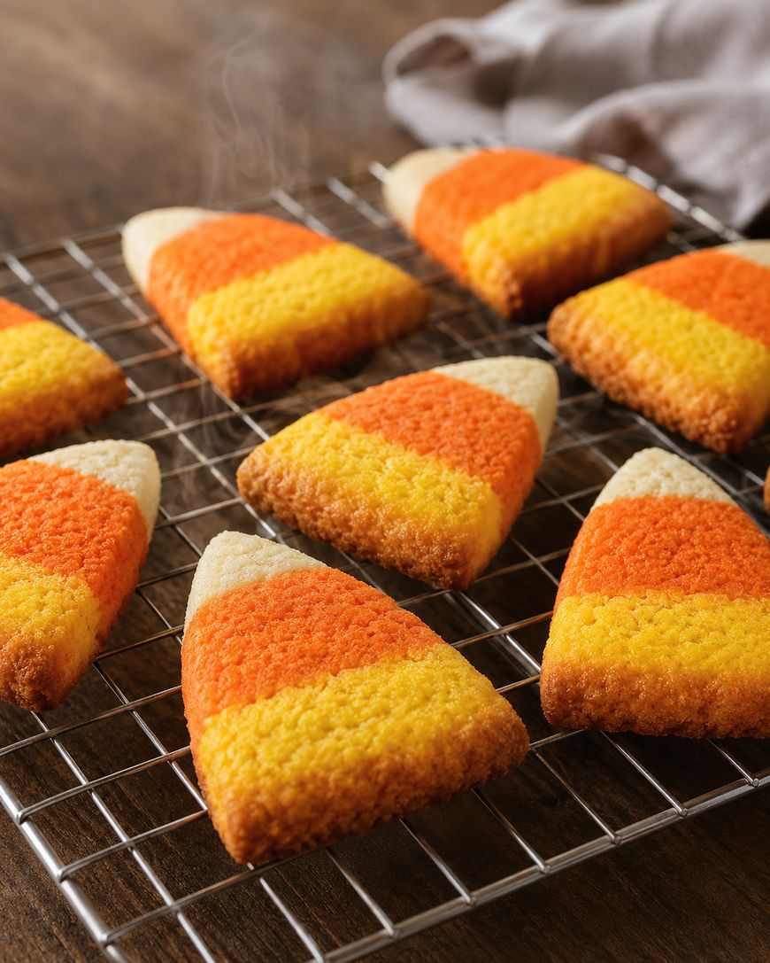Nine candy corn-shaped cookies with yellow, orange, and white stripes are cooling on a wire rack