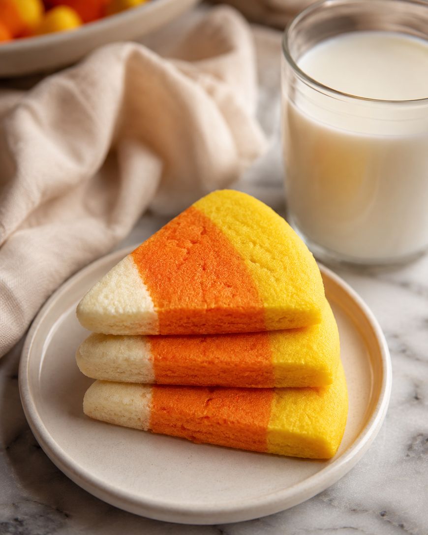 Three triangular cookies with yellow, orange, and white layers stacked on a plate next to a glass of milk