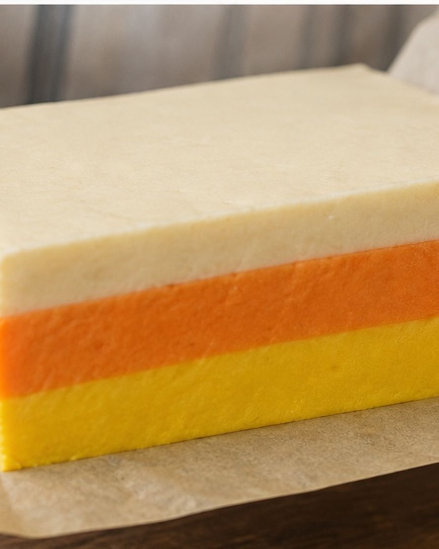 A rectangular block of tri-colored layered dessert with yellow, orange, and white layers, resting on parchment paper