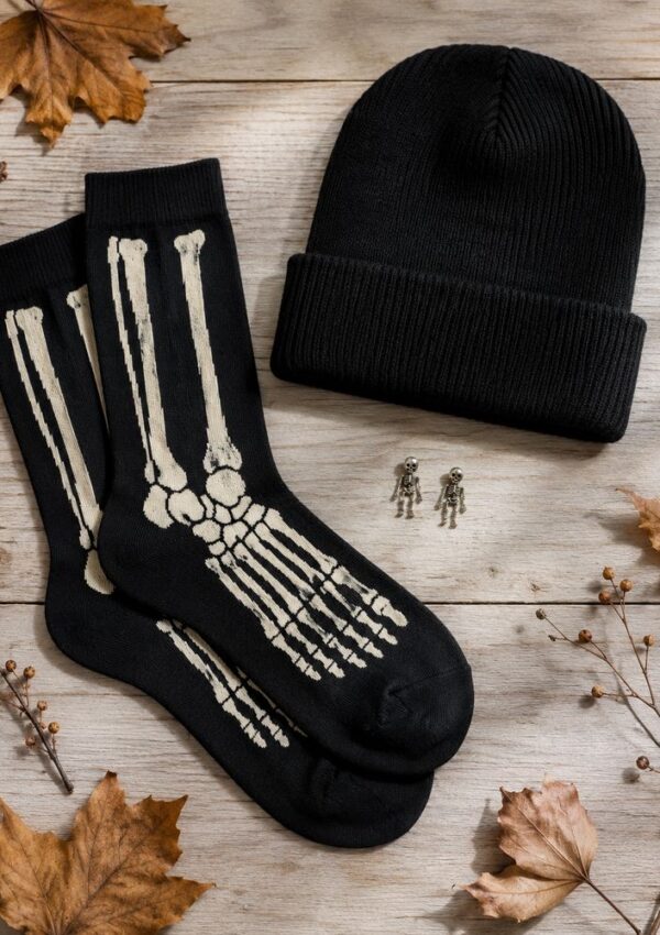 Black beanie, black socks with skeleton foot design, two small skeleton figurines, and dried autumn leaves on a wooden surface.