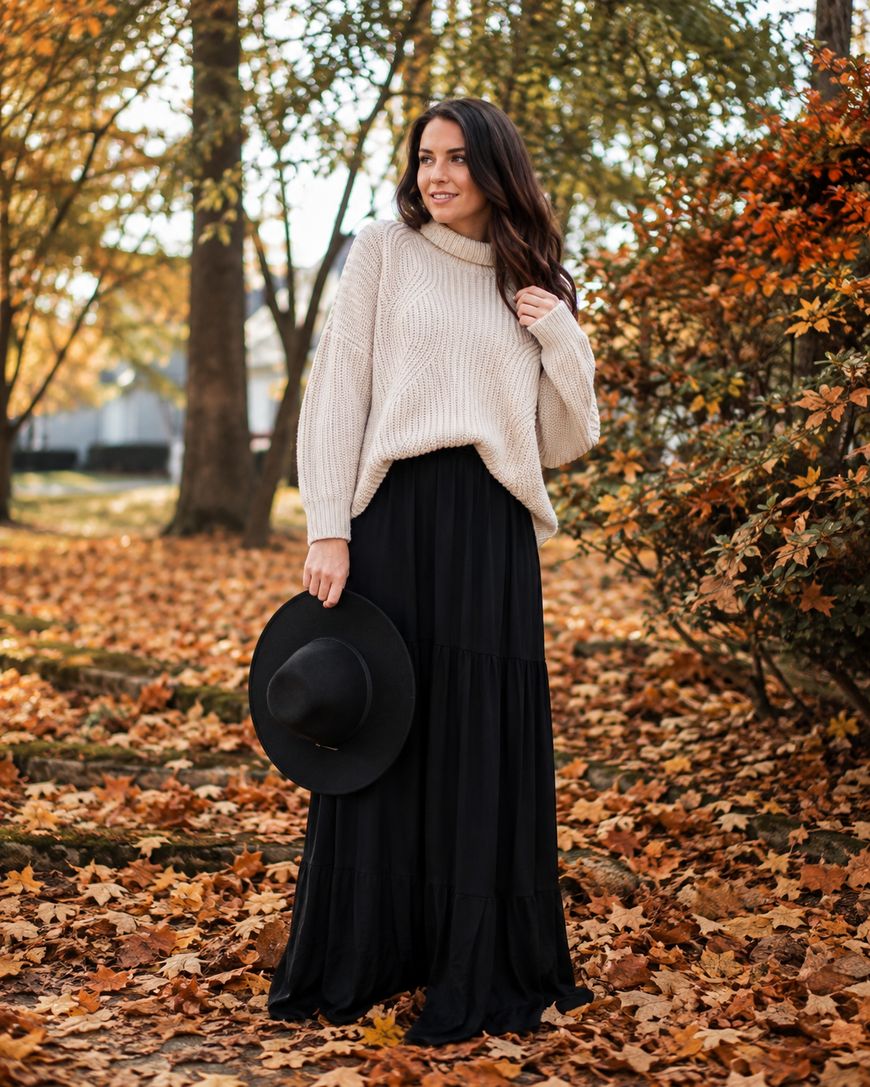 Woman standing outdoors on fallen autumn leaves, wearing a chunky cream sweater and a long black skirt, holding a black wide-brimmed hat, with orange and green trees in the background.