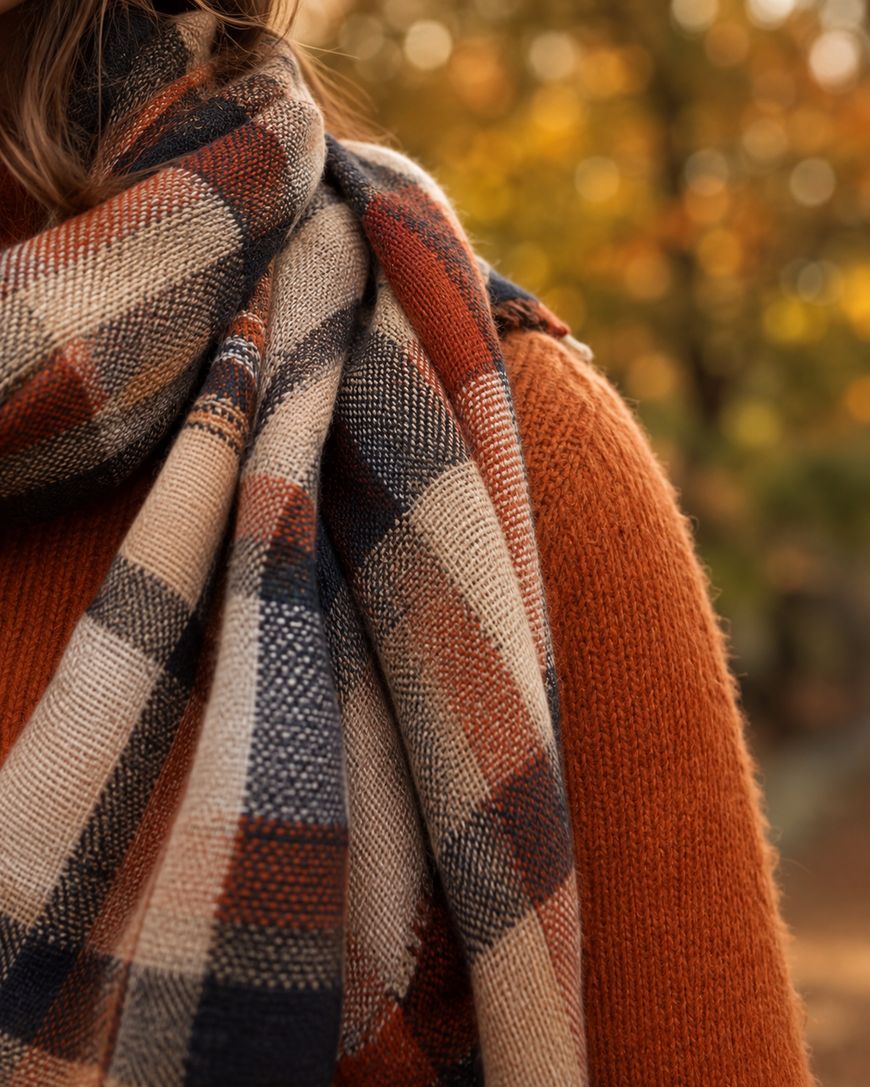A person wearing an orange sweater and a large plaid scarf in autumn colors, standing outdoors with blurred fall foliage in the background.