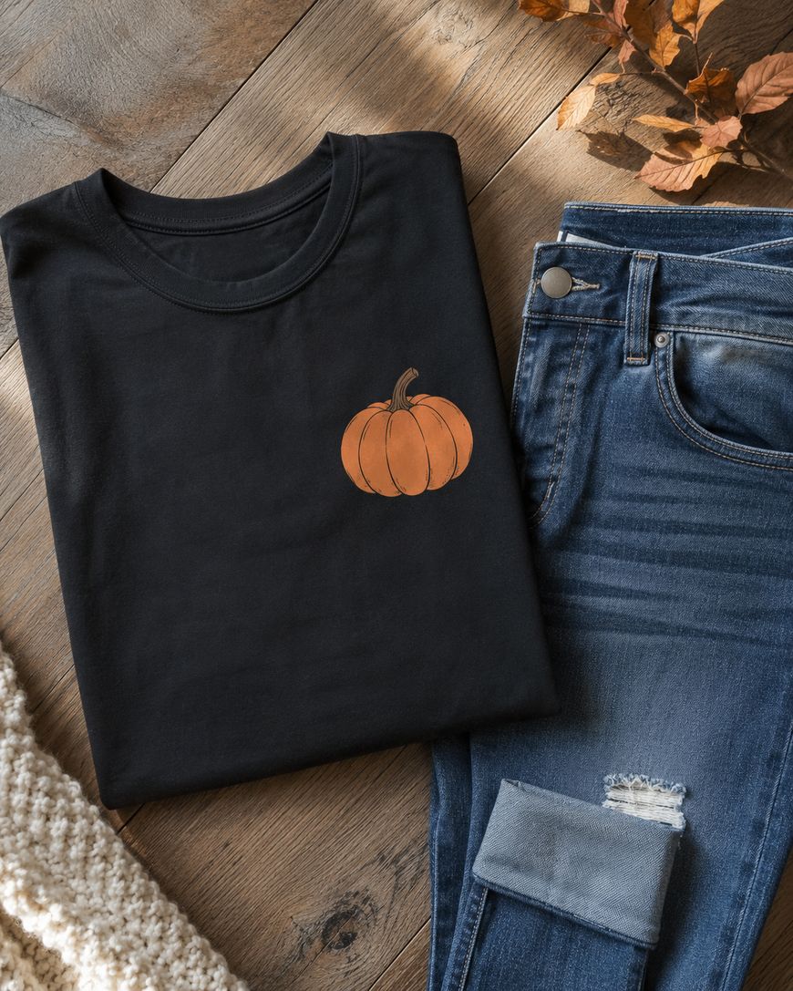 A folded black t-shirt with a small pumpkin graphic beside a pair of blue jeans on a wooden surface, with a knit fabric and autumn leaves nearby.