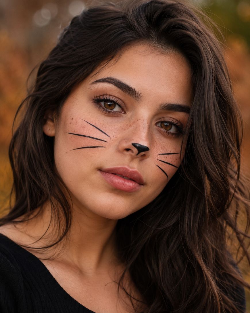 Woman with long brown hair has cat whiskers, nose, and freckles drawn on her face with makeup. She is wearing a black top and is outdoors with autumn foliage in the blurred background.