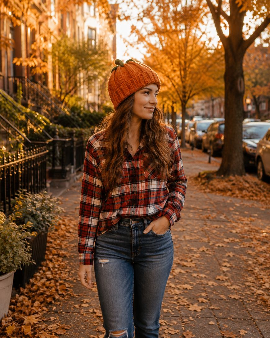 A woman in a plaid shirt, jeans, and orange knit hat walks on a tree-lined sidewalk covered in autumn leaves, with cars parked along the street.