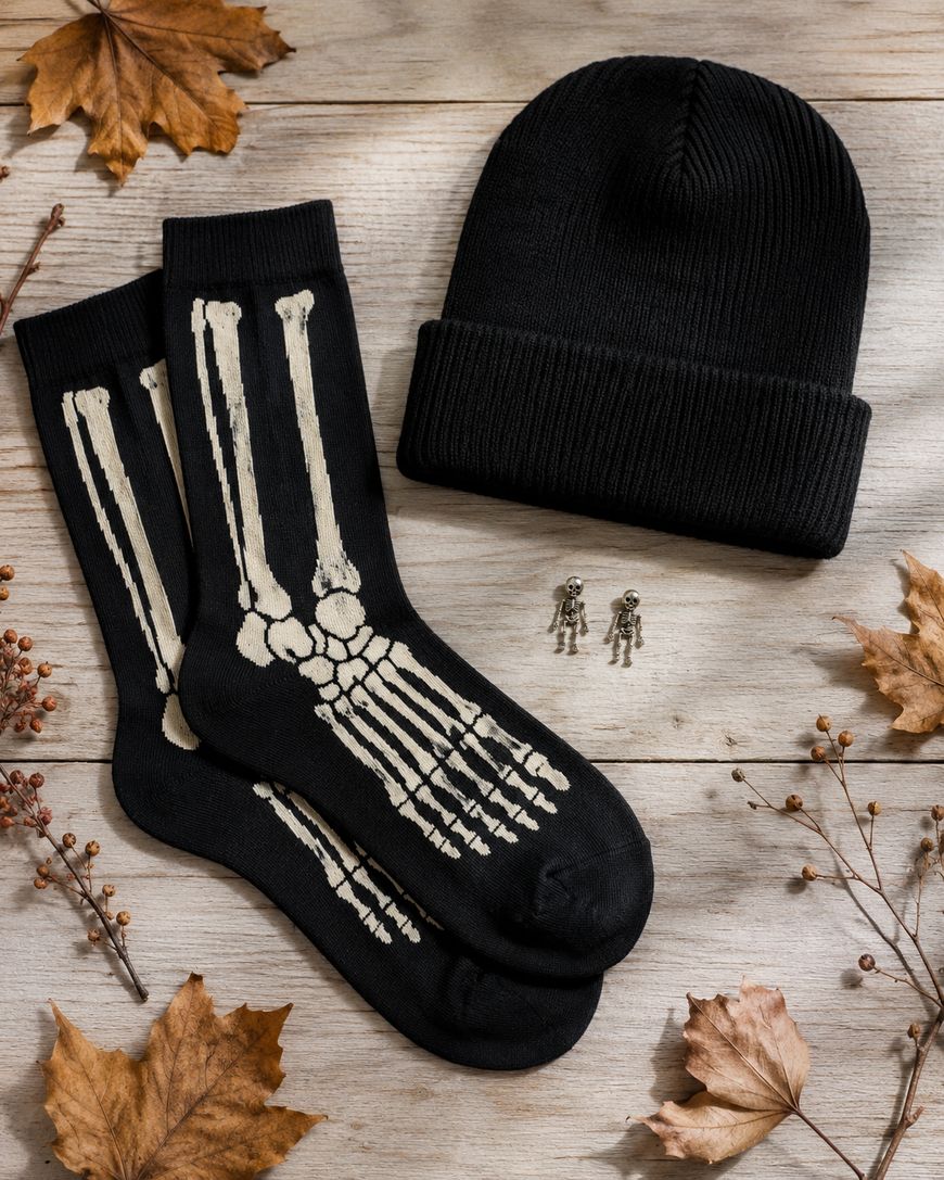 Black beanie, black socks with skeleton foot design, two small skeleton charms, and autumn leaves on a wooden surface.