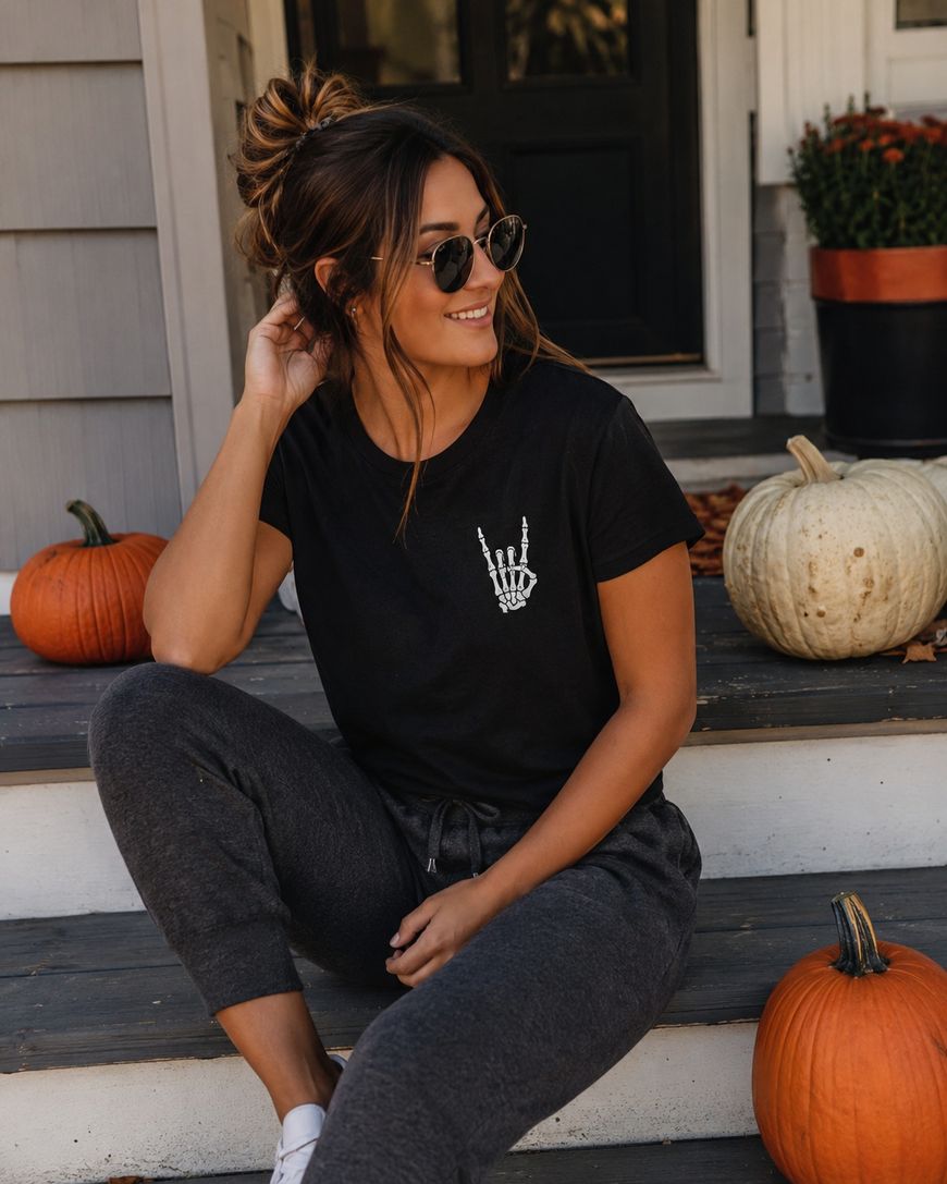 A woman in sunglasses and casual clothes sits on porch steps surrounded by pumpkins, smiling. She wears a black T-shirt with a white skeleton hand graphic.