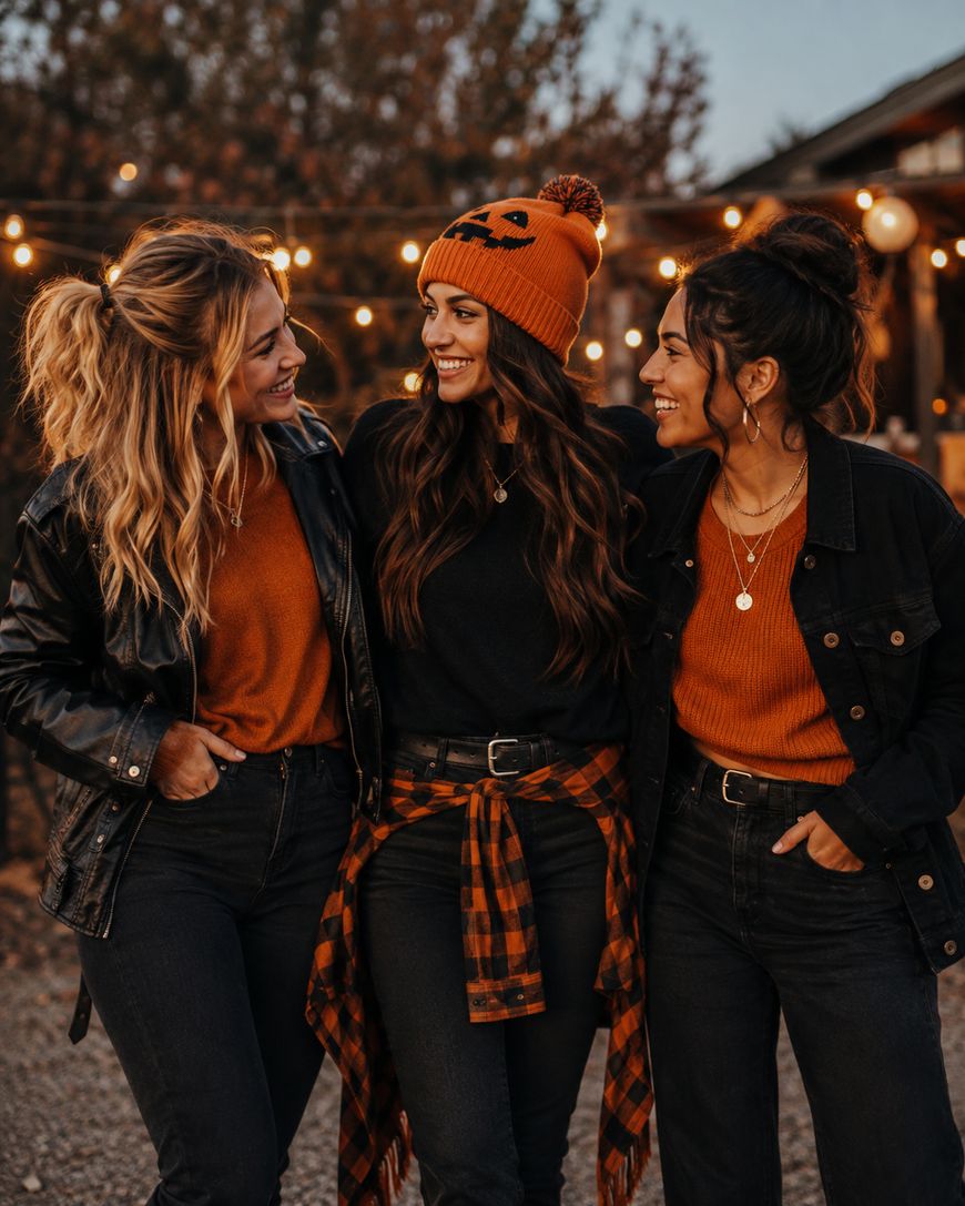 Three women stand close together outdoors at dusk, smiling. They wear orange and black fall outfits; one has a pumpkin beanie. String lights and trees are visible in the background.