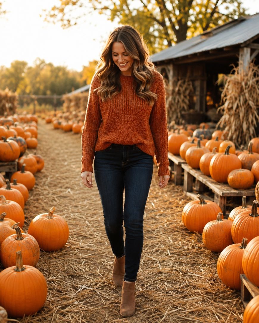 A woman in a rust-colored sweater and jeans walks through a pumpkin patch, surrounded by pumpkins and rustic barns, on a sunny autumn day.