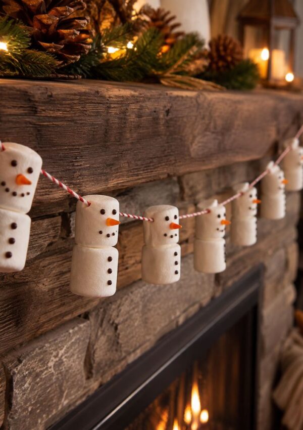 A string of snowmen made from marshmallows with candy faces hangs across a rustic wooden mantel decorated with pinecones, greenery, and warm lights above a stone fireplace.