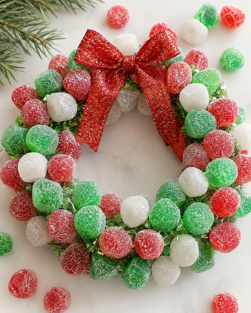 A festive wreath made of red, green, and white gumdrops with a sparkly red bow on top, displayed on a white surface with some gumdrops scattered nearby and pine branches in the corner.