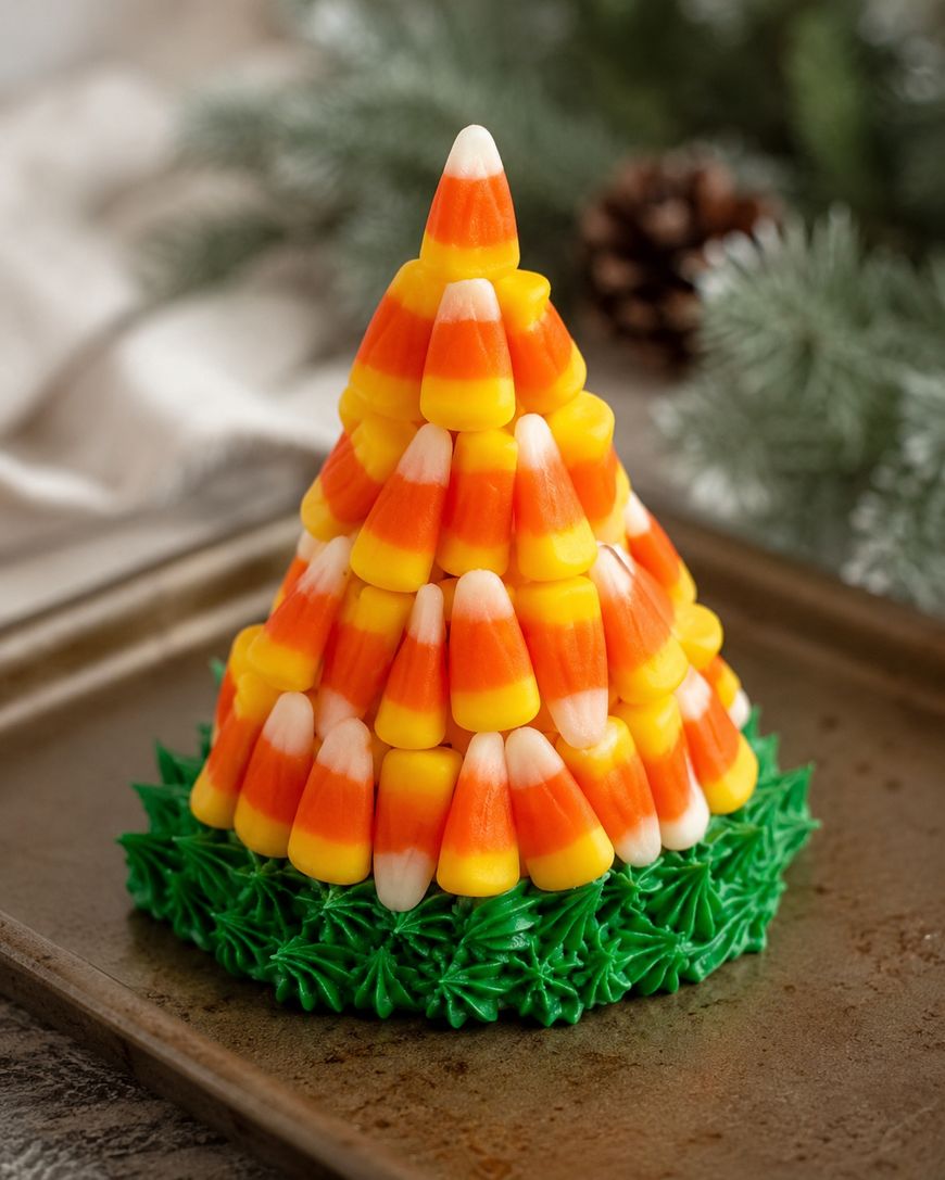 A Christmas tree-shaped dessert made of stacked candy corn sits on a tray, with green frosting piped around the base to resemble grass. Pine branches and a pine cone are visible in the blurred background.