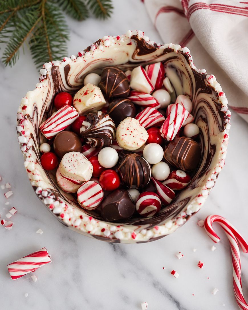 A chocolate bowl with a swirled design, filled with assorted chocolates, peppermint candies, and red candy balls, sits on a marble surface with candy canes and a pine branch nearby.