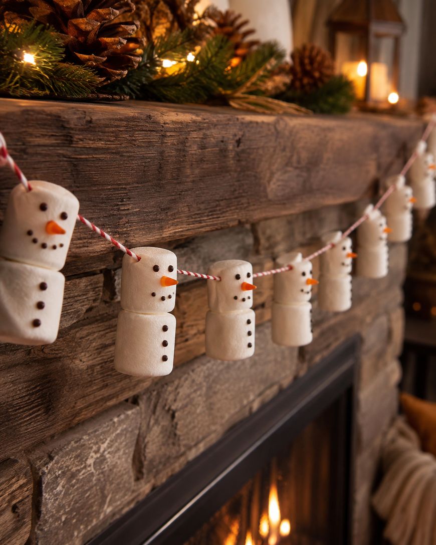 A garland made of marshmallow snowmen hangs on a rustic wooden fireplace mantel decorated with pinecones, greenery, and lanterns. A fire is burning in the fireplace below.