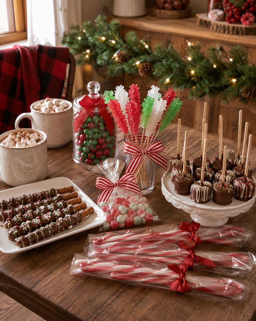 A festive table with hot chocolate, chocolate-dipped treats, red and green candies, rock candy sticks, and candy canes, set in a cozy room decorated with garland and string lights.