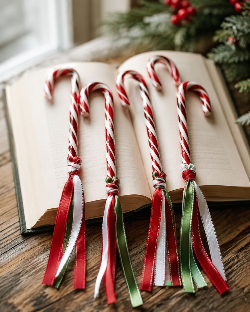 Four candy canes with red, white, and green ribbon tassels rest on an open book, with pine branches and berries in the background, creating a festive holiday scene.