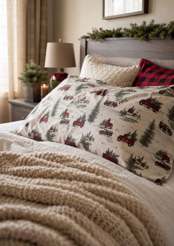 Cozy bed with festive pillowcases featuring red trucks and trees, plaid and quilted pillows, a knit blanket, and pine decor; a window with light curtains and a candle lit on the side table.