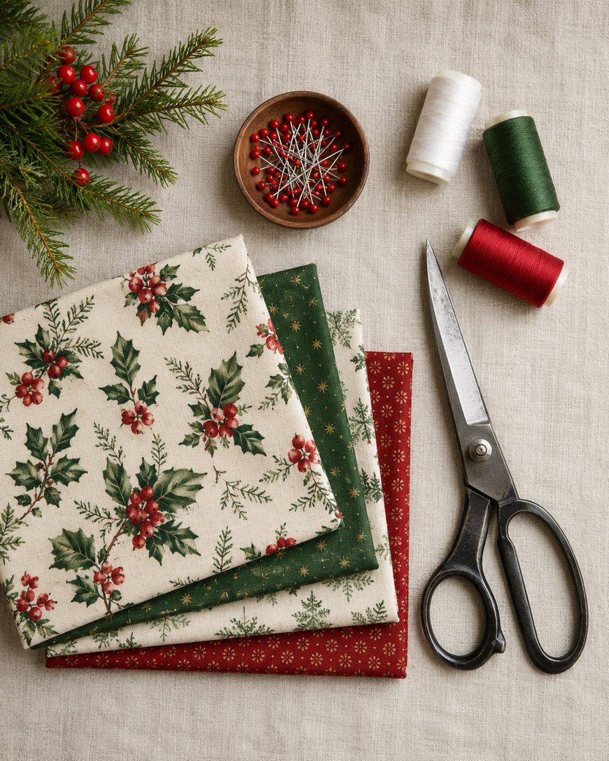 Three folded pieces of festive fabric, sewing scissors, red and green thread, a bowl of pins, and a pine branch with red berries arranged on a beige cloth surface.
