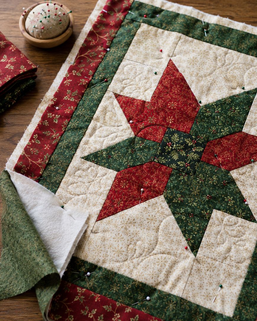 A close-up of a partially finished quilt with a red and green star pattern, pinned fabric layers, a pincushion, and folded fabric pieces visible on a wooden surface.