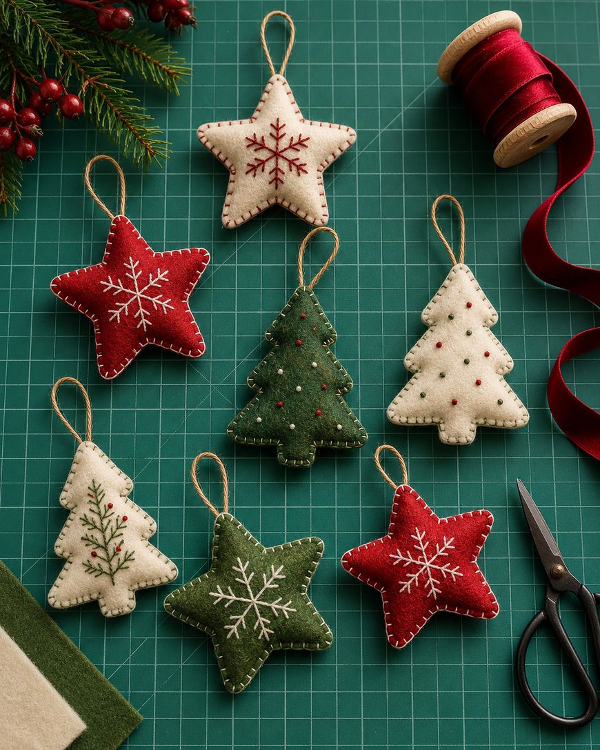 Seven felt Christmas ornaments—stars and trees in red, green, and white—are arranged on a green cutting mat, with scissors, ribbon, and festive decorations nearby. The ornaments feature embroidered designs and string loops.