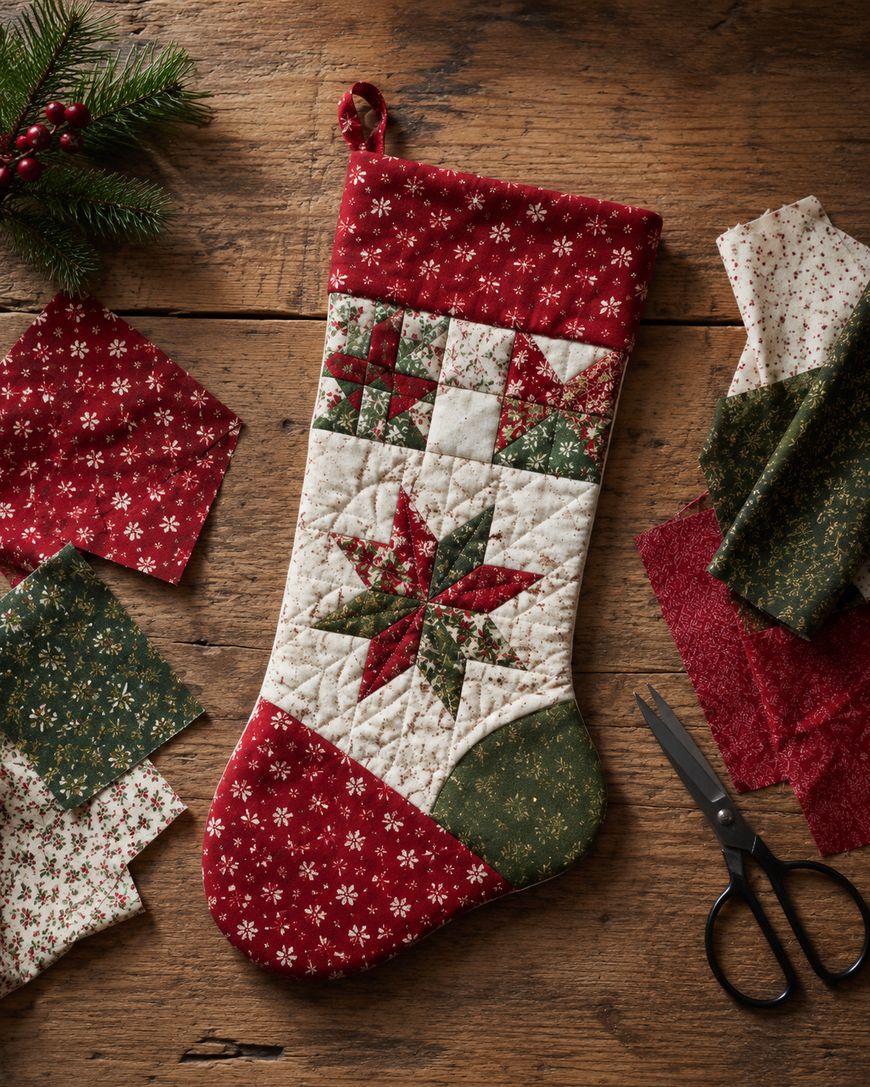 A quilted Christmas stocking with red, green, and white patchwork lies on a wooden table, surrounded by fabric squares, scissors, and a sprig of greenery with red berries.