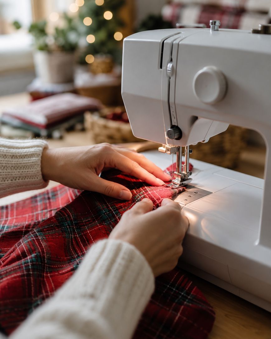 A person sewing red plaid fabric with a white sewing machine. The background is softly lit, with blurred holiday lights and decorations visible.